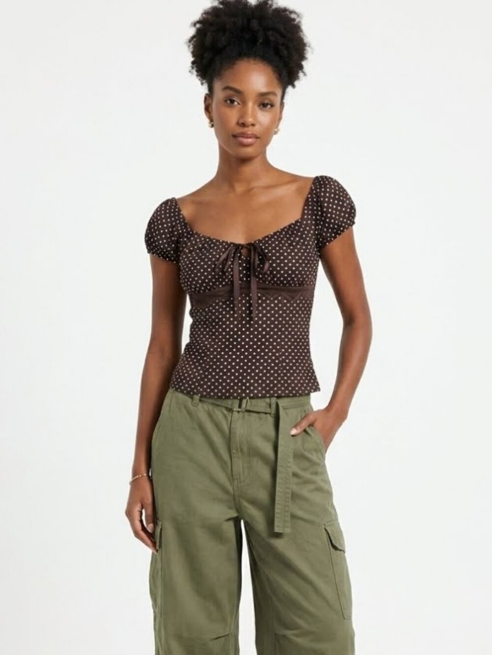 Vintage Inspired Polka Dot & Lace Puff Sleeve Peasant Top In Chocolate Brown - S
